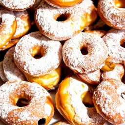 a polka dot pattern of carnival mini donuts with hole in the middle covered in white powder