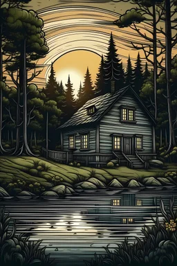 Woodhouse in between the forest. background is a sunrise. River front of house. Tattoo style.