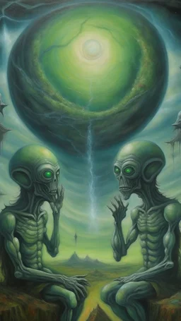 oil painting, Believing the strangest things, loving the alien And your prayers they break the sky in two