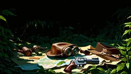 create a cinematic adventure painting, abandoned biplane swallowed by dense jungle vines, sunlight breaking through canopy, on the ground lie weathered relics: scratched binoculars, cracked goggles, tattered leather pilot’s hat, worn map with torn edges, rusty pistol, all aged and battered, dramatic mysterious energy --ar 16:9 --v 7 --stylize 1500