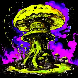 A fantabulous black, yellow, and lime (((mushroom tower house))) erected atop a (geologic pillar), surrounded by the uncanny imaginative ((( swirling skies))), offset by the stark hues of a (neon-tinged nebulous space scape), within. captured by the hand a skilled master painter with a focus on (softly blurred compositions and voluminous lighting).