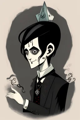 black haired young man necromancer wizard with gothic jewelry in the style of charles addams