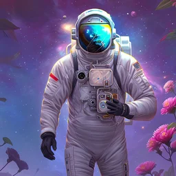 "floral astronaut" hand-drawn digital art, flowers everywhere, colorful garden, beautiful galaxy, REALISTIC, anime, 4k, high resolution, full details, 2560x1600