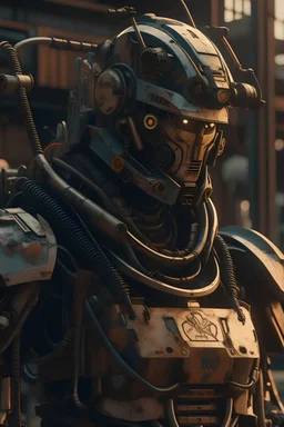 Close image of Anime depiction of a cybernetic samurai in a post-apocalyptic setting, focusing on the intricacies of the armor and weaponry, 8k realistic