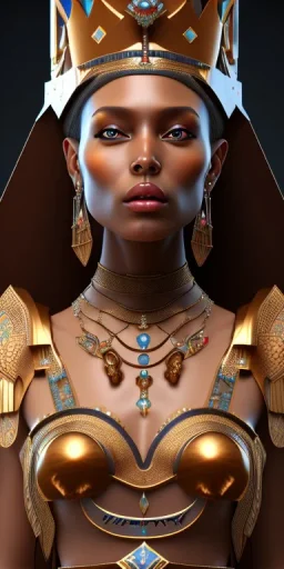 Beautiful brown pharaonic queen, pharaonic dress, clear features, too many details, 4k, 8k, portrait, 3d, fantasy, realistic