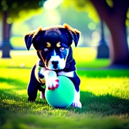 Cute puppy playing with his ball in the park.