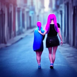 Beautiful lonely girl who walks along a street without people at dawn. You see her from behind. She is very short blue dressed. She has long pink hair with glowing crystals. Full body, 8k resolution concept art. Professional Photo HD. Stylish. Warm vivid colors. Panoramic