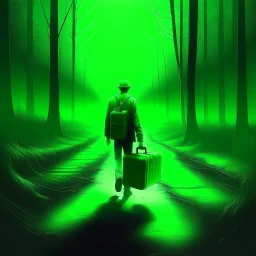 leaving home , a lonely figure with a suitcase, on a road from a dark neon city to an forest in the distance bathing in green light