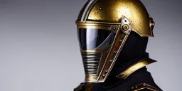 apocalypse, chaotic, magnificent, realistic, colorful, massive, epic, ray tracing, cinematic, 8k, HD, Ultra High Definition, photo film, film grain, hyper-detailed, old tarnished ornate rusty Hyper detailed Gold Gothic Medieval Knight helmet with glass visor covering face and matching whole body suit of armor, realistic proportions, no face, prison in background, imperial castle town