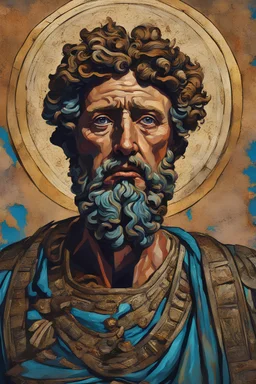 Marcus Aurelius, 4k quality, vivid, existential facial expression, art, vivid, intricate, tragedy, war, pain, painting, piece