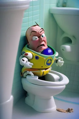 Buzz lightyear from Toy Story pooping on a toilet