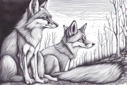 As twilight descends, the foxes awaken. Known for their sly and clever nature they prepare for their nocturnal adventures. - Pencil drawing.