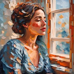 a painting of a woman sitting near a window, in the style of beautiful women, playfully intricate, heavy impasto, i can't believe how beautiful this is, romantic flair, close-up --ar 7:13 --stylize 750 --v 6