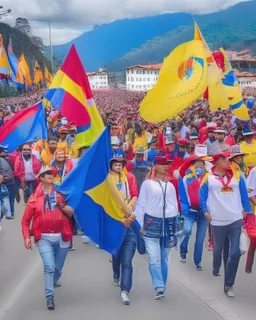 Hombres y mujeres caminando con banderas de Colombia