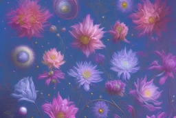 cosmic surrealist flowers in cosmos blue pink