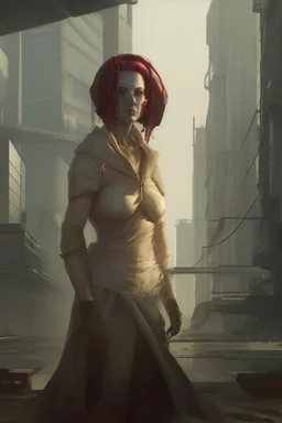 cyberpunk saggy granny woman, abandoned sci-fi town, future, sci-fi