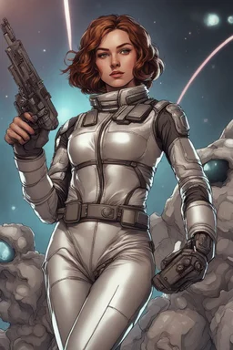 A young space warrior woman with freckles and short brown hair, wearing a silver jumpsuit and holding a pair of energy pistols