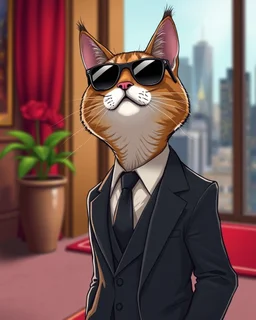 Medium shot illustration of a hitman cat wearing a suit and sunglasses. He is standing in a room with a red carpet and a flower pot. The background is blurred and contains a cityscape. Ultra quality