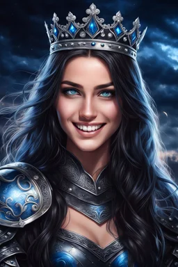 pretty young girl, good body, greath blue eyes, blue long haired, dressing a black armor, tiara, big smile, intense look, darknight sky background.