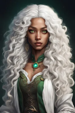 young mulatto sorceress with green eyes and long wavy snow white hair, dressed in epic commoner clothing