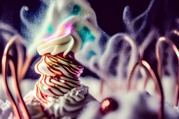 whipped cream peaks in a copper whisk (60% of the picture), cute chibi kids sledding down the peaks, a wire whisk next to the cauldron, raspberry seeds in sunshine, watercolor and black ink outlines, sparkling golden glitter, ethereal, cinematic postprocessing, bokeh, dof