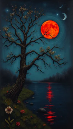 Bosch painting style, beautiful tree by the river , dark with blood red moon