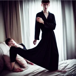 Realistic photo Russian shorthair beautiful 20-years guy boyish boylike wide hips in black girlisy nightgown evil force amulet in hotel