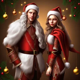 two elves. woman and man. Christmas scene. photorealistic. low-key