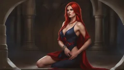 40 year old female sorcerer. Dressed in blood red small wicked weasel . Copper red hair. dark blue eyes. no jewelry.. Painted by Anne Stokes. The naked truth.