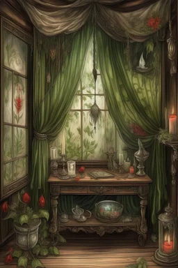 english watercolor, witch's boudoir, mirror, curtains, cobweb, filigree, dried flowers, textiles, candle, magical lighting effect, fairy tale illustration, fine drawing of details with colored pencils, grunge, high resolution, high detail, dark fantasy, dark botanical, beautiful, ISO 100, pixel graphics, hdr, emerald colors, beige, red, deep blue, umbra, grey, dusty rose, gold