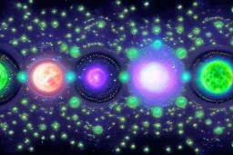 cosmos,, sky stars, sky blue light, light, multiple green moons with neon rings