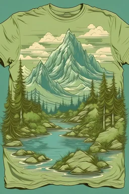 t-shirt design, painting of a mountain with trees and water, a detailed painting, environmental art, detailed painting, outlined art, 2d game art