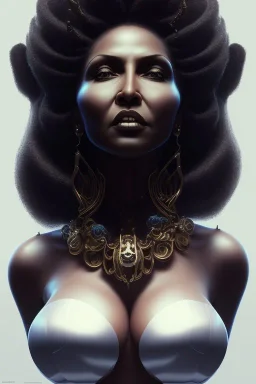 Pam Grier as evil queen in black leather, leather, busty, cleavage, angry, stern look. character design by cory loftis, fenghua zhong, ryohei hase, ismail inceoglu and ruan jia. unreal engine 5, artistic lighting, highly detailed, photorealistic, fantasy.