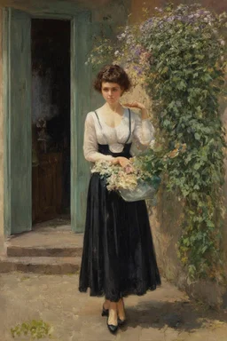 one woman, flowers, house, vegetations, dirt, alfred stevens, and gustave caillebotte paintings