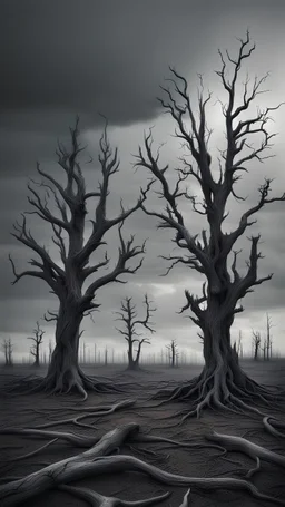 Cinematic dead trees, dead earth, gray tones, eerie atmosphere