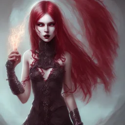 evil satanic girl, full body, smiling, crimson flaming hair, glowing veins, bloody dark cave background,