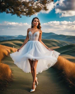 full-body closeup shot of a young, beautiful girl with a perfect face and makeup,wearing pretty dance dress standing in a stage in open air nice hills , blue sky ,pretty clouds at distant