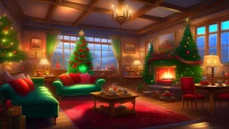 Create a festive and cozy scene for a Christmas party using an AI image generator. The background image should feature a warm and inviting atmosphere with a large, crackling fireplace on the left side. On the right side, include a generously decorated Christmas tree to enhance the festive ambiance. Capture the essence of Christmas with a joyful and welcoming atmosphere, incorporating traditional holiday decorations throughout the scene. Ensure that the image exudes a cozy feeling, making it see