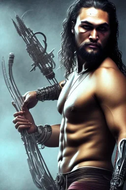 Jason Momoa like a cyborg,playing electro guitar,detail,textures