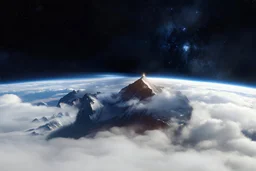 a fog planet's atmosphere is pierced by a single sharp mountain peak. a curved horizon separates the starry space