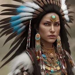 war painted pueblo Indian female, dark, disturbed expression, 12k, ultra high definition, finely tuned detail, unreal engine 5, octane render, ultra realistic face, ethnically accurate face, intricate head dress, detailed make-up, detailed turquoise jewelry, detailed hair, detailed feathers, use dynamic palette, accurate proportions, high contrast, black smokey bokeh background