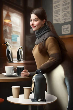 young woman talk to a penguin in coffee-shop