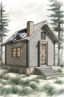 Make this cabin a small modern minihouse with large floor to ceiling windows, black composite materials, steel, glass style. Add solarpanels to ceiling. Make a nice modern garden. It should be evening with smooth light settings. Ultra realistic, 3-d rendered