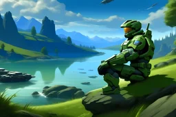 master chief sitting on a hill in the background and a river with spaceships