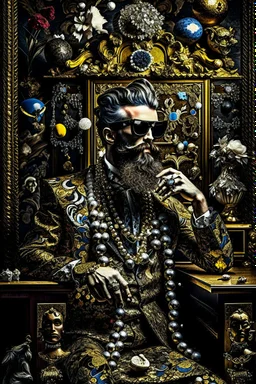 Artistic photo in the audacious style of Jill Greenberg, of man with a luxurious and striking style, abundance of jewelry, oversized square one-piece sunglasses,black beard, prints, extravagant, baroque scene , impasto style with thick textured strokes