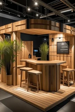 Corner exhibition stand in eco-style, with wood elements and meeting areas