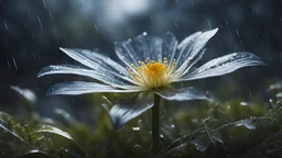 close-up of a fragile flower in a storm. in flower forest at night, perfect composition, hyperrealistic, super detailed, 8k, high quality, trending art, trending on artstation, sharp focus, studio photo, intricate details, highly detailed, by greg rutkowski