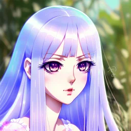 a close-up headshot of a kawaii shy young woman with long white hair, silver eyes with long lashes, slim delicate build, sickly complexion, soft, anime style, intricately detailed, splotchy watercolor background, adorable, cute