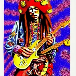 hippie JIMI HENDRIX Santa playing electric guitar, psychedelic, peace sign, MUSHROOMS, TRIPPY, ACID, LSD, dreadlocks