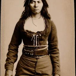 sepia close-up of beautiful female mexican outlaw wearing gunbelt holster on waist and bandolier on chest, long black wavy hair, beautiful face, 1800s, 8k, high-quality, ultra-fine detail, 1800s wild west